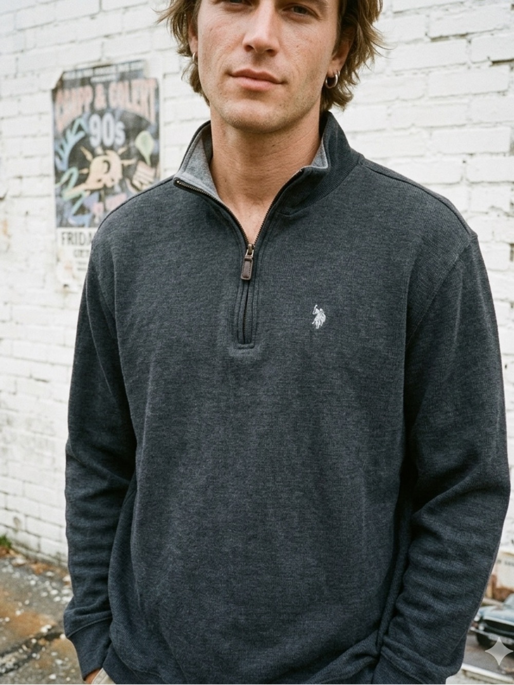U.S. Polo Assn. Quarter Zip Pullover Sweater Men's XLT Charcoal Gray Ribbed Prep